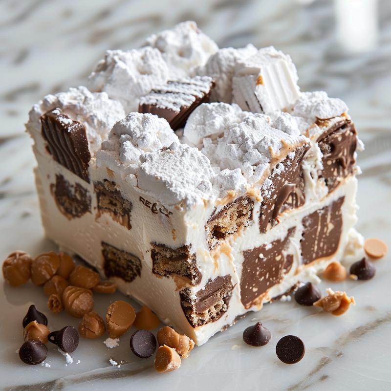 Close-up of a Reese's peanut butter cheese ball with chocolate chips on a marble surface.