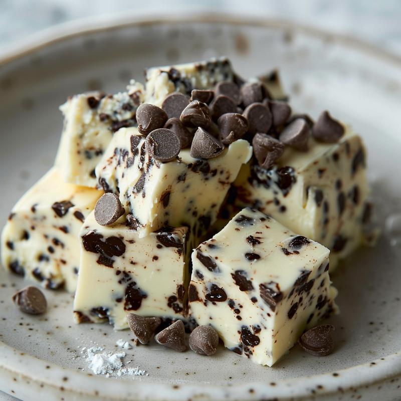 Close-up of a chocolate chip dessert cheese ball on a grey plate.