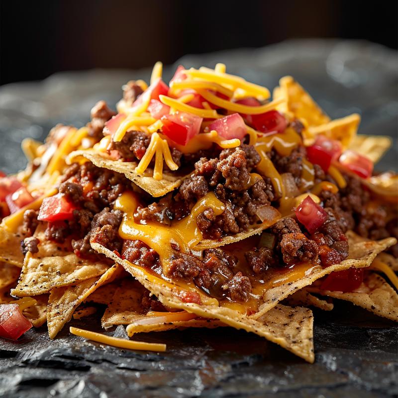 Close-up of beef nachos with melted cheese on dark surface.
