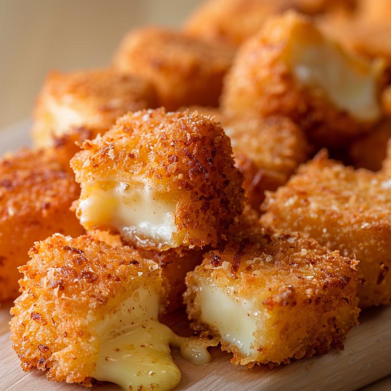 Close-up of crispy, golden-brown fried cheese cubes on a light wood board.