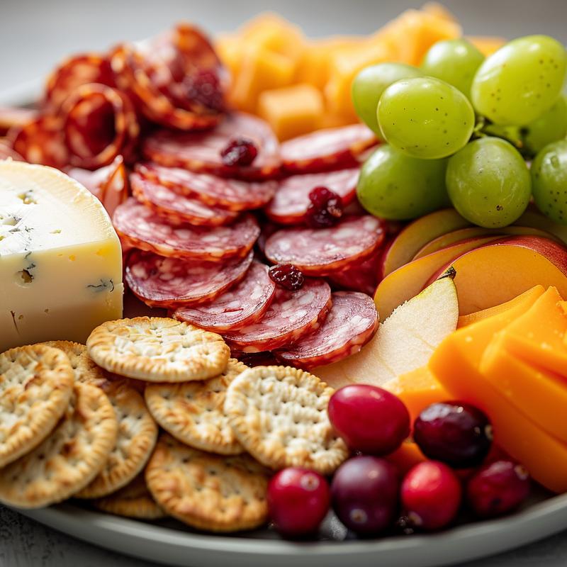 Close-up of a Thanksgiving charcuterie board with cheeses, meats, crackers, and fruit on a gray plate.