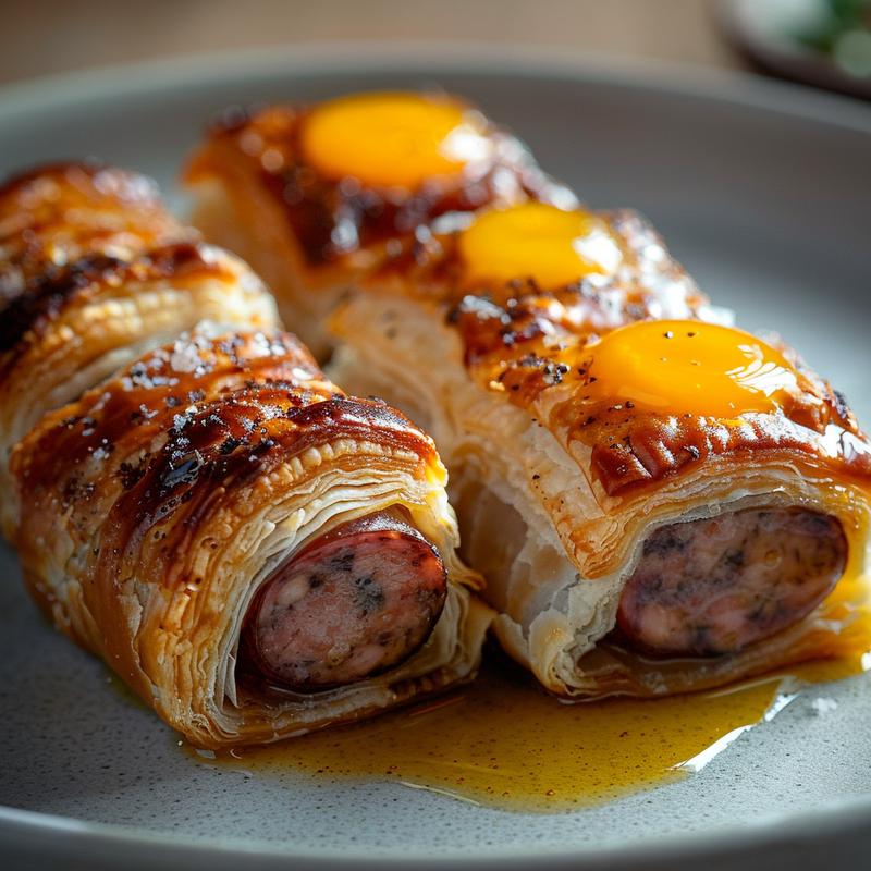 Close-up of pigs in blankets on a grey plate.