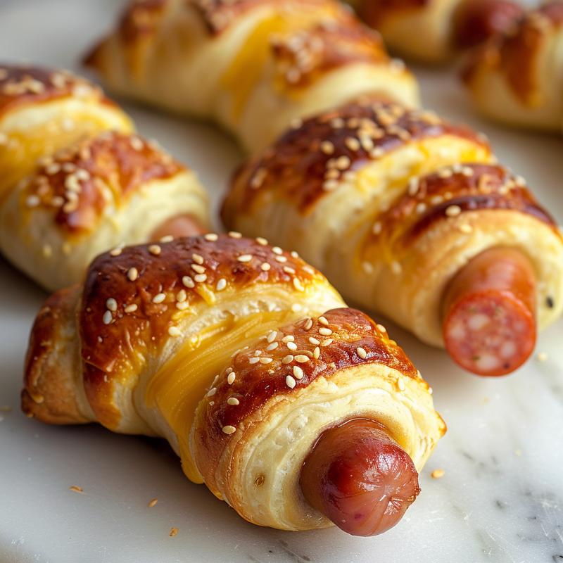 Close-up of golden brown pigs in a blanket on white marble.