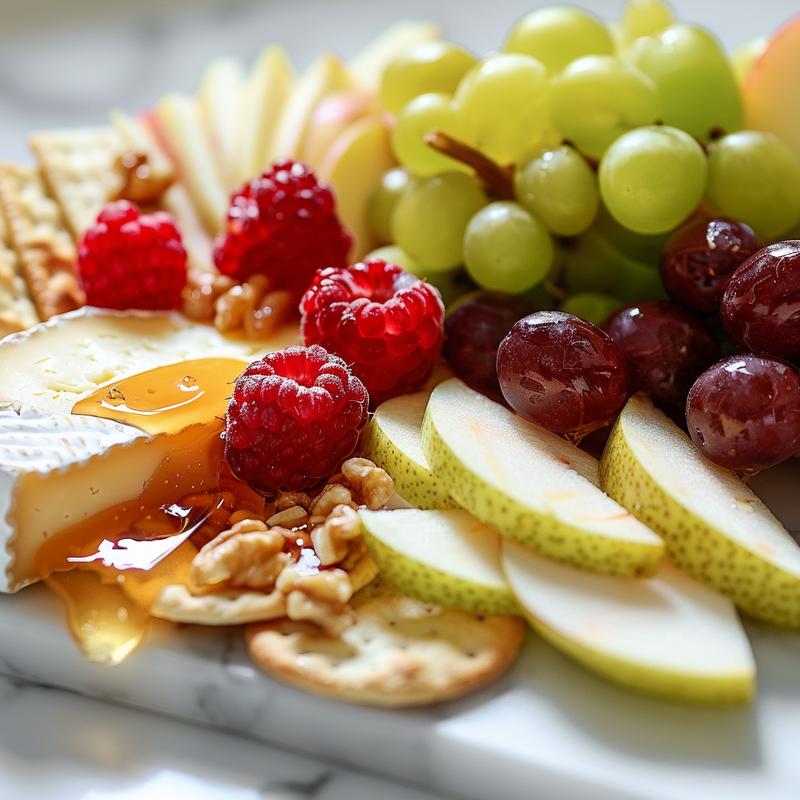 Close-up of a cheese board with various cheeses, fruits, and crackers.