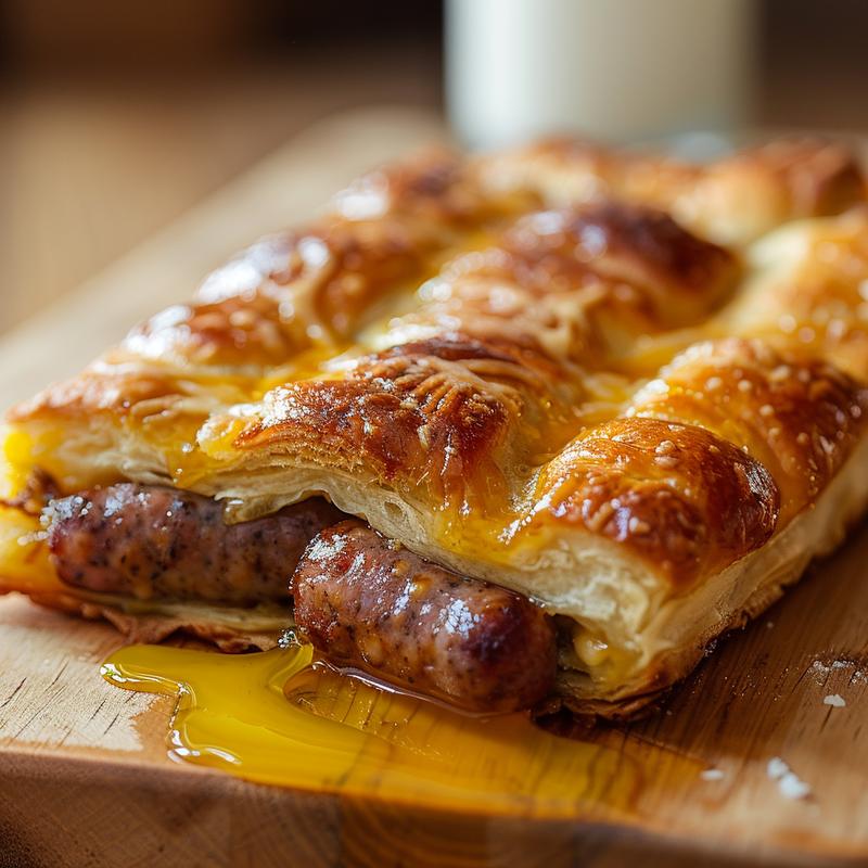 Close-up of a pigs in a blanket breakfast casserole with visible sausage and crescent roll layers.