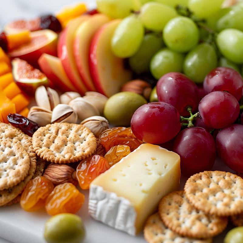 Close-up of a vegetarian charcuterie board with cheeses, fruits, nuts, and crackers on a white marble surface.