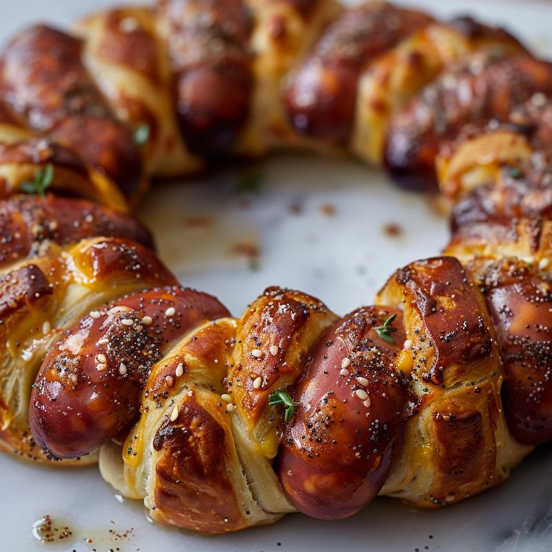 Close-up of a pigs in a blanket wreath on white marble.