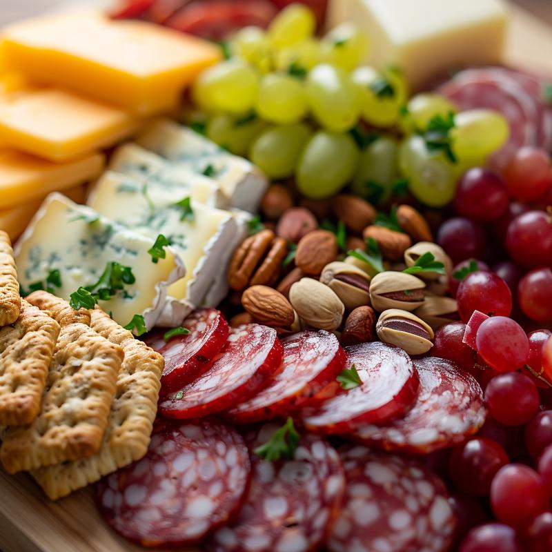 Close-up of a personalized mini charcuterie board with cheeses, meats, fruits, nuts, and crackers on light wood.