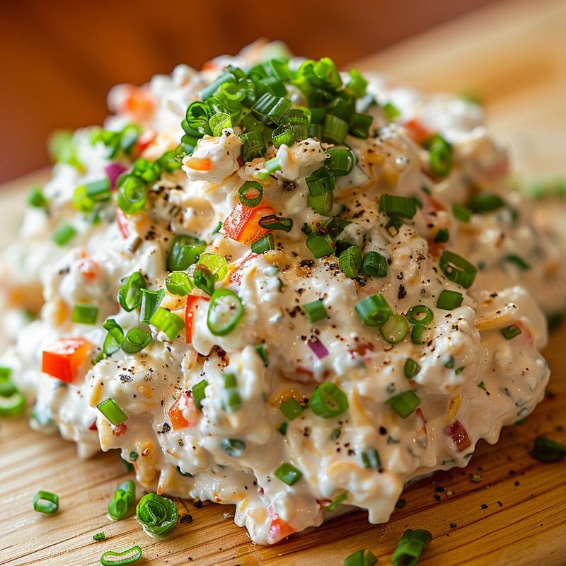 Close-up of creamy boat dip with visible ingredients on wood.