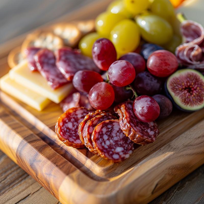 Close-up of a charcuterie board with cheeses, meats, fruits, and crackers.