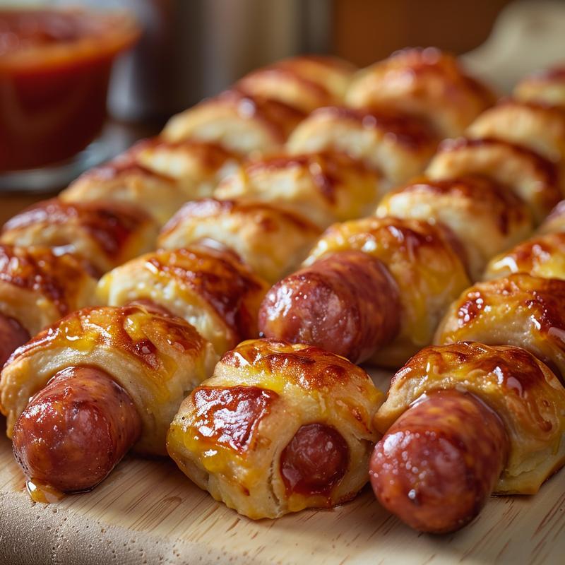 Close-up of pigs in a blanket on a wooden board.