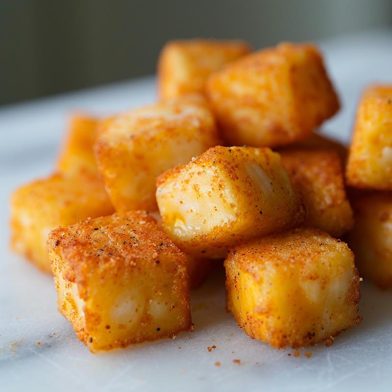 Close-up of fried cheese cubes with visible spices on a white marble surface.