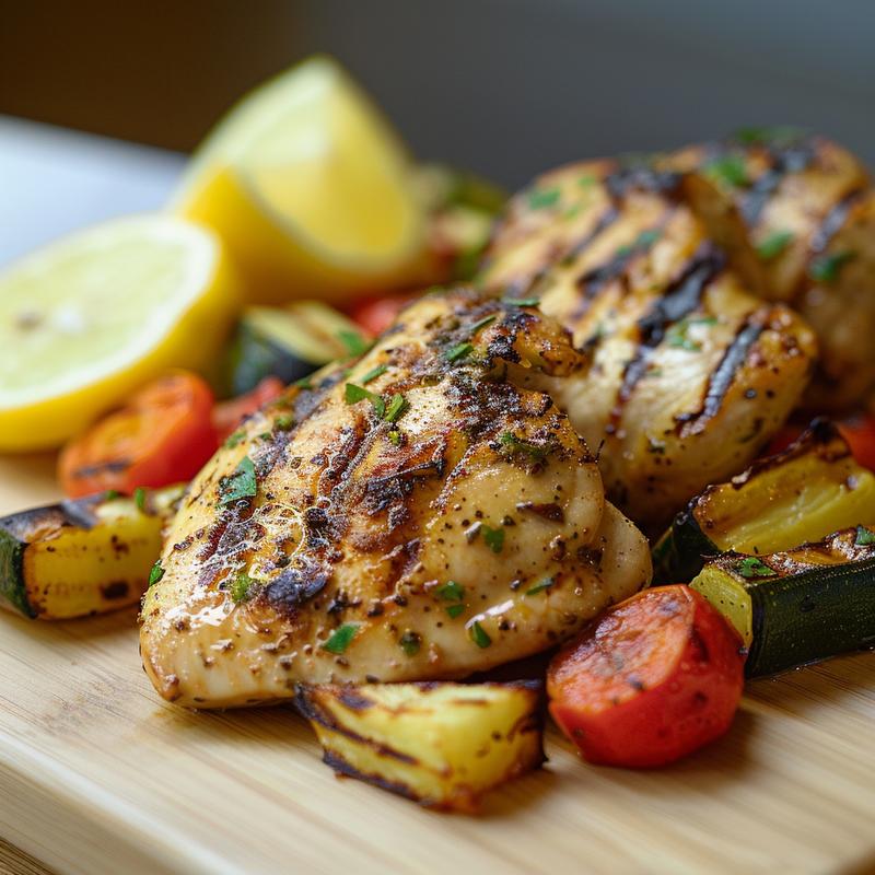 A close-up view of grilled lemon herb chicken served with colorful roasted vegetables on a light wood board.