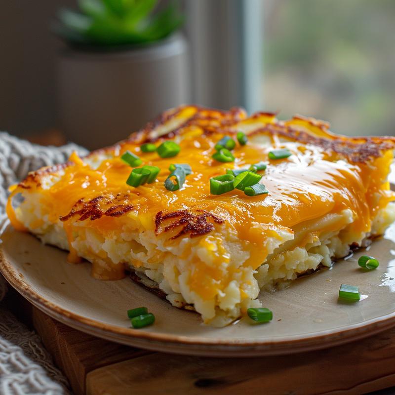 Close-up of a cheesy potato pancake slice on a light wood board.