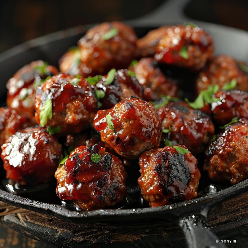 Close-up of BBQ meatballs in a crockpot, rich dark lighting.