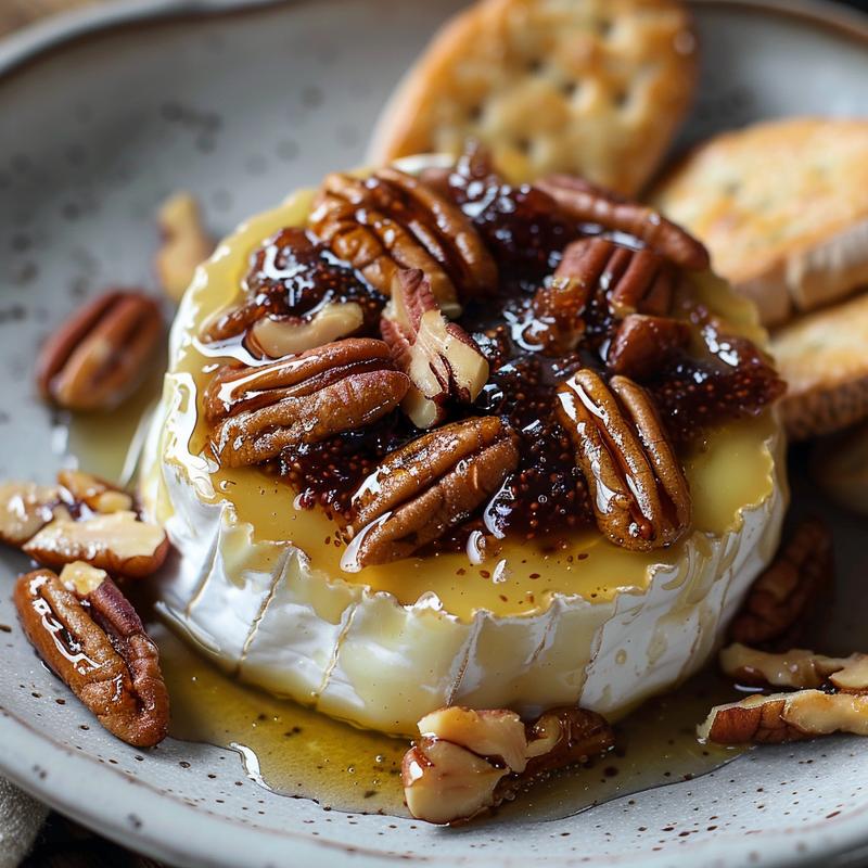 Close-up of baked brie topped with fig jam and pecans on a plate.
