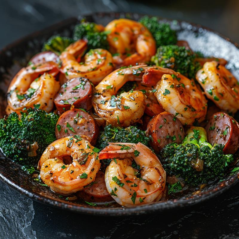 Close-up of garlic butter shrimp, beef sausage, and broccoli on a dark stone surface.