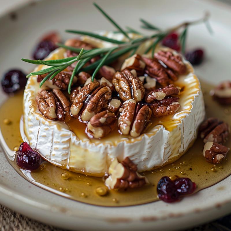 Close-up of baked brie topped with honey and nuts on a light grey plate.