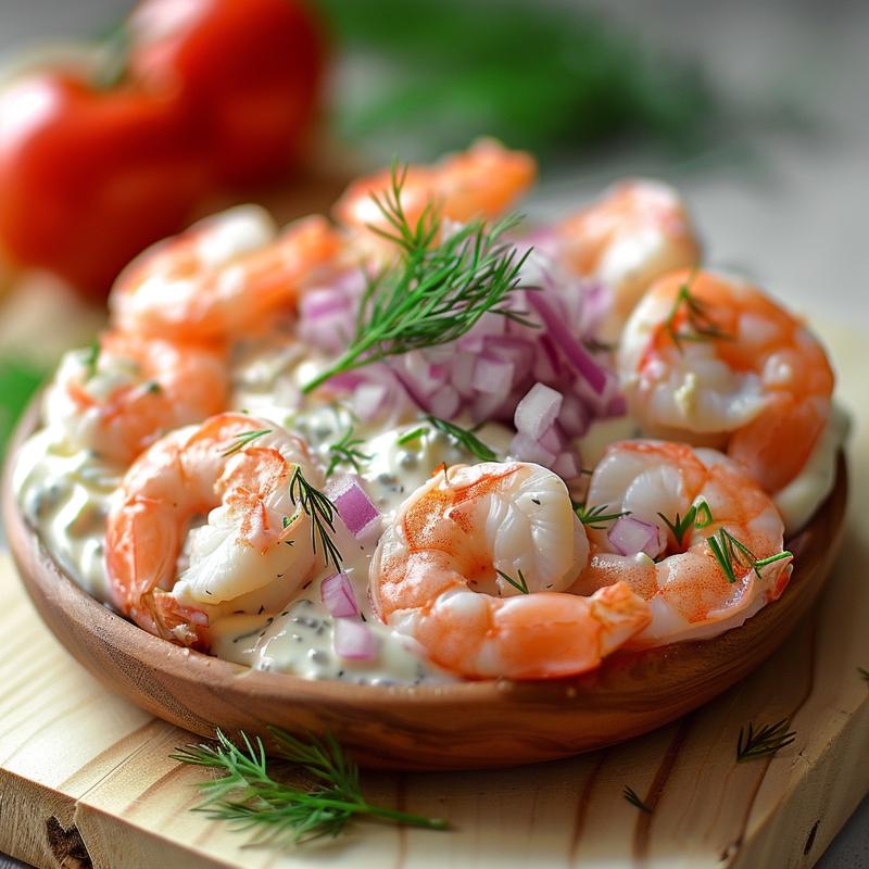 Close-up of shrimp dip with visible shrimp, red onion, and dill on a wooden board.