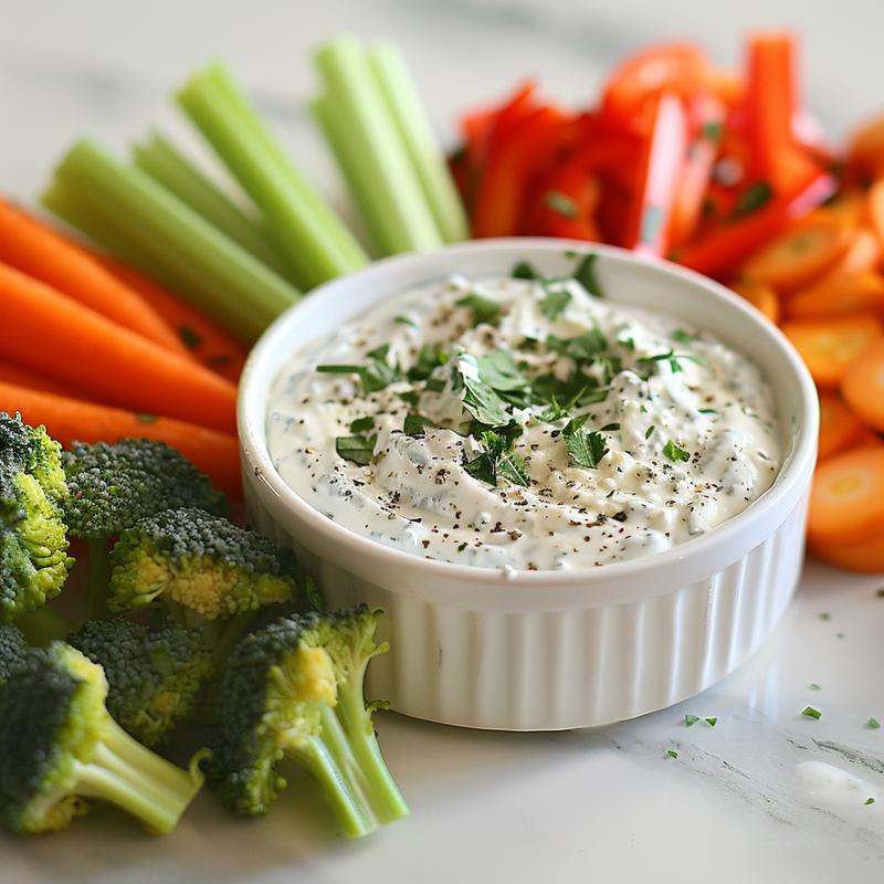 Close-up of creamy veggie dip surrounded by fresh vegetables on a white marble surface.