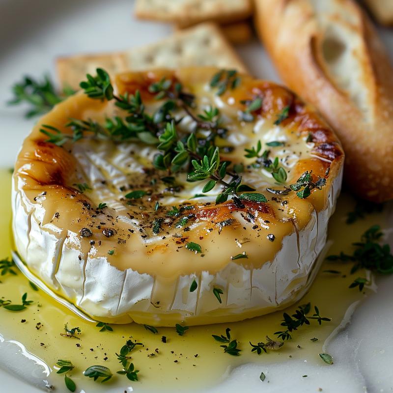 Close-up of baked brie with garlic and herbs on white marble.