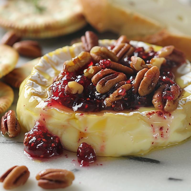 Close-up of baked brie topped with raspberry jam and nuts, on white marble.