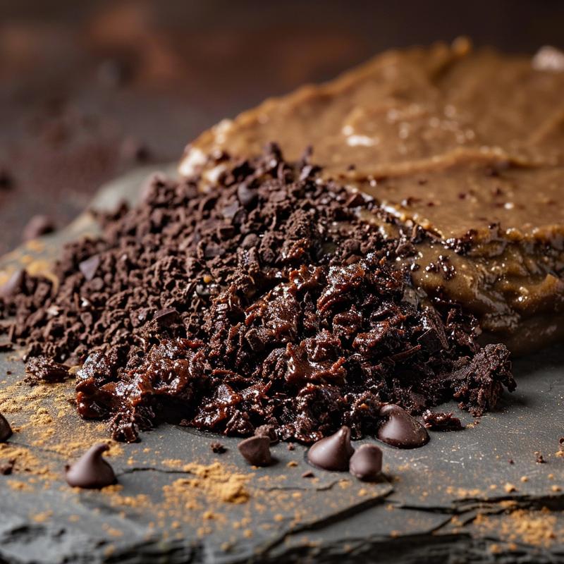 Close-up of rich brownie batter dip on a slate plate.