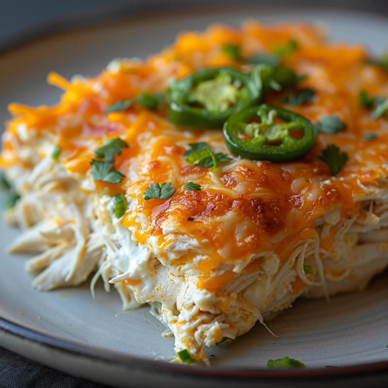 Close-up of creamy chicken casserole with visible shredded chicken and cheese.
