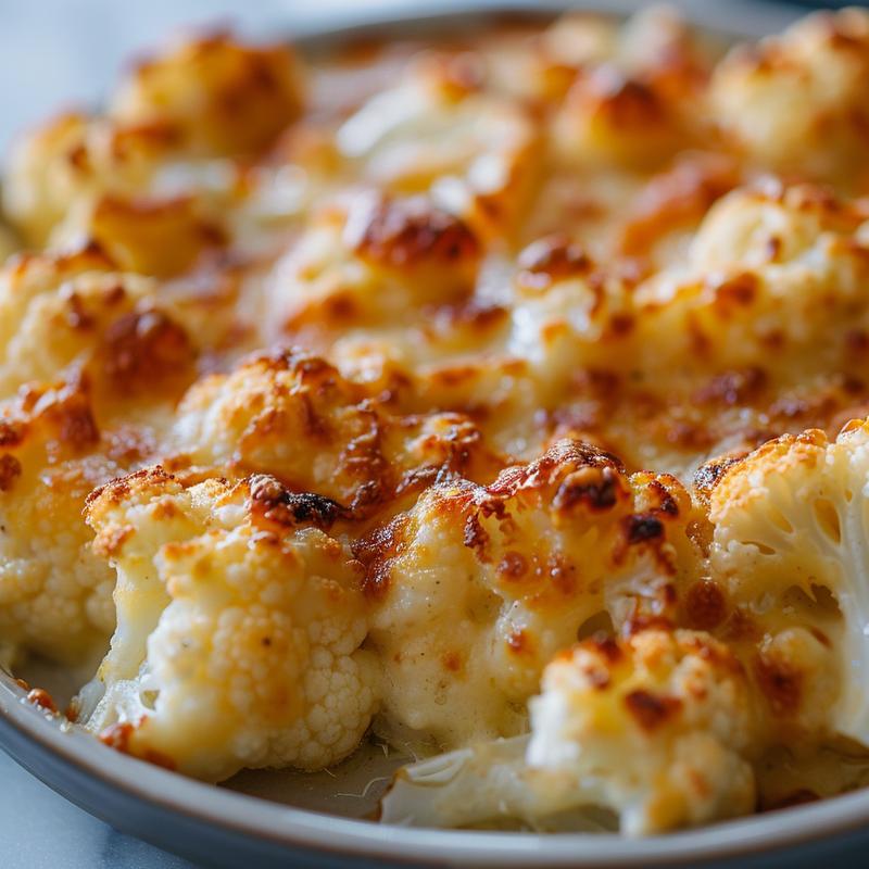 Close-up view of a cheesy cauliflower casserole with a creamy texture on a white marble surface.