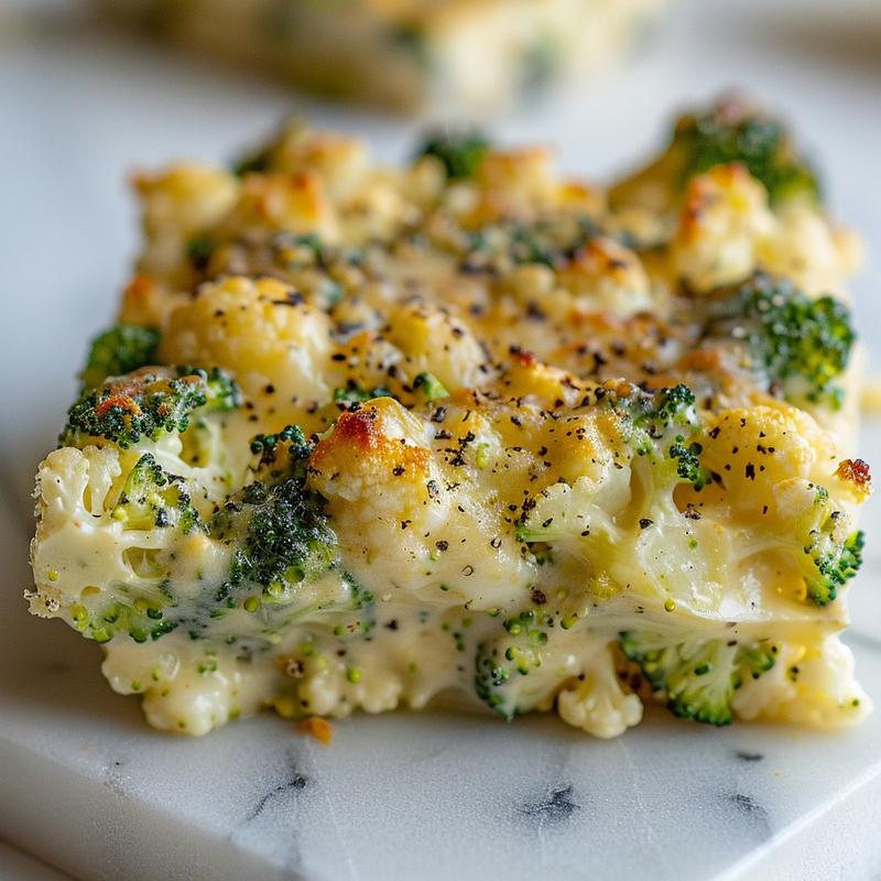 A close-up view of a creamy, cheesy loaded cauliflower casserole on a light grey plate, showcasing its textures and toppings.