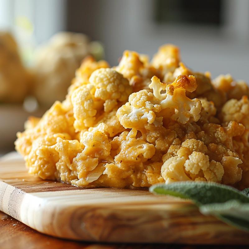 Close-up of a vegan cauliflower casserole with melted cheese on top, presented on a light wood board.
