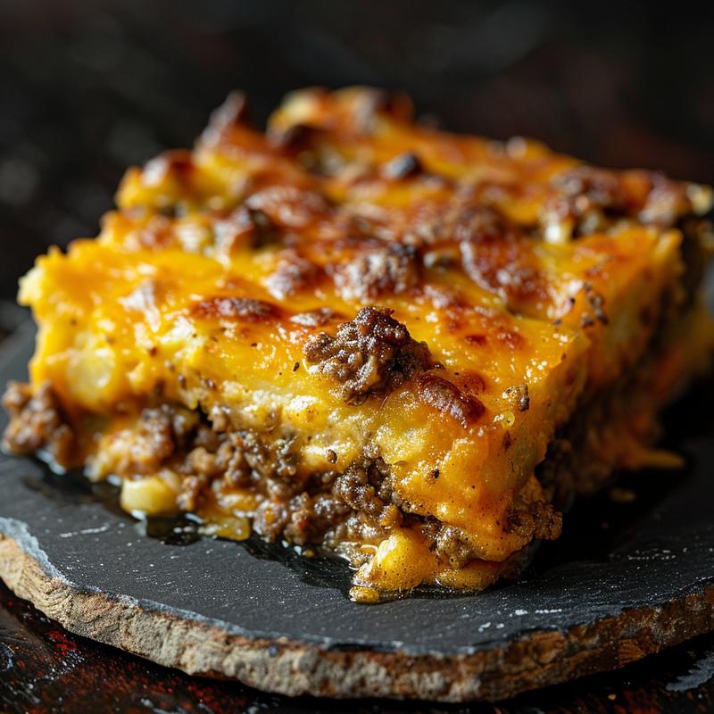 Close-up of a cheesy keto ground beef casserole served on a rustic chipped plate.