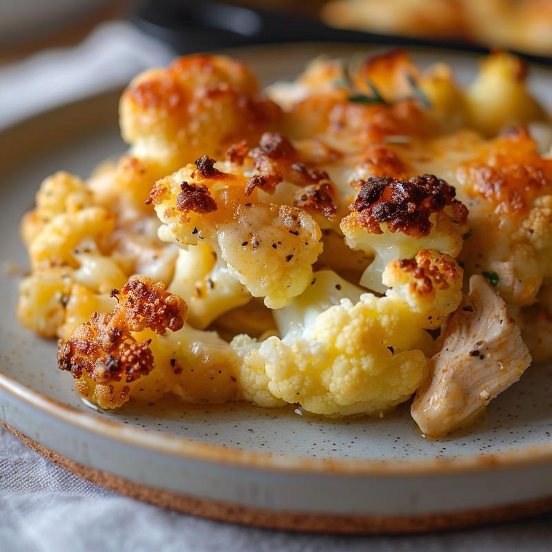 Close-up of a serving of chicken cauliflower casserole on a light grey plate.