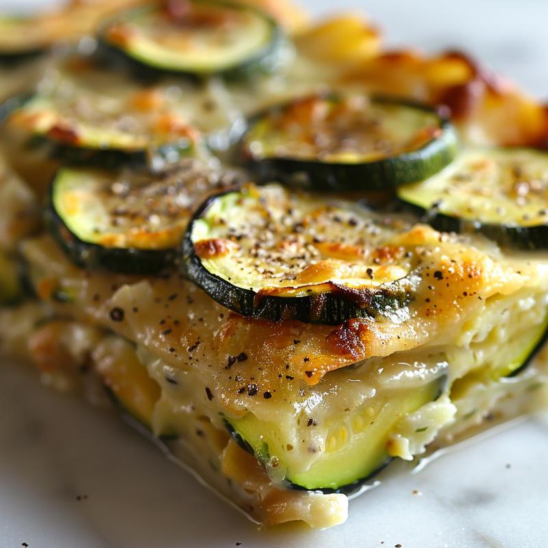Close-up image of a delicious zucchini casserole with a golden crust on a marble surface.