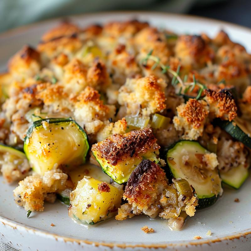 A close-up view of a golden zucchini casserole topped with stuffing on a light grey plate.