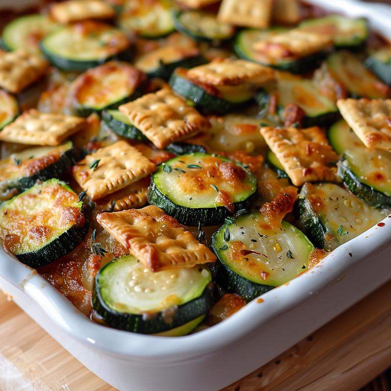Close-up of a slice of homemade zucchini casserole topped with crushed Ritz crackers, displayed on a wooden board.