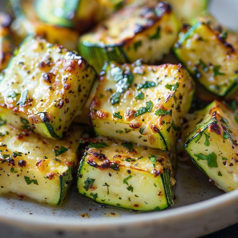A close-up of a golden-brown parmesan zucchini square on a light grey plate.