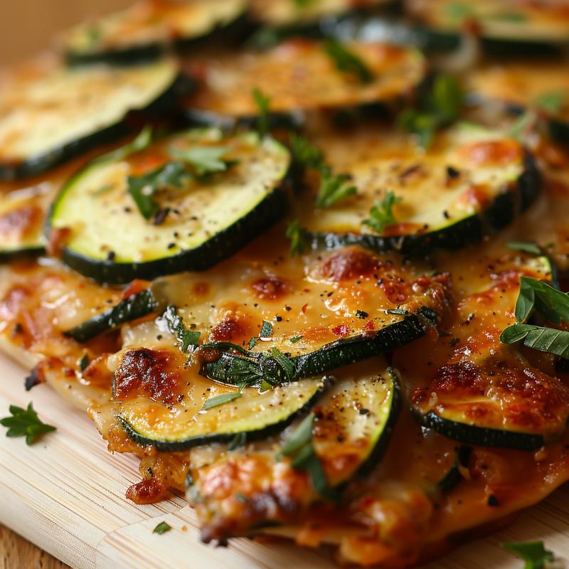 Close-up of a zesty low carb zucchini casserole on a wooden board, showcasing its texture and color.