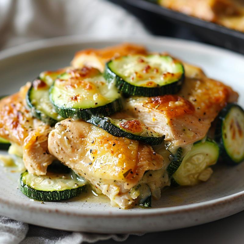 Close-up of a serving of chicken zucchini casserole on a light grey plate.