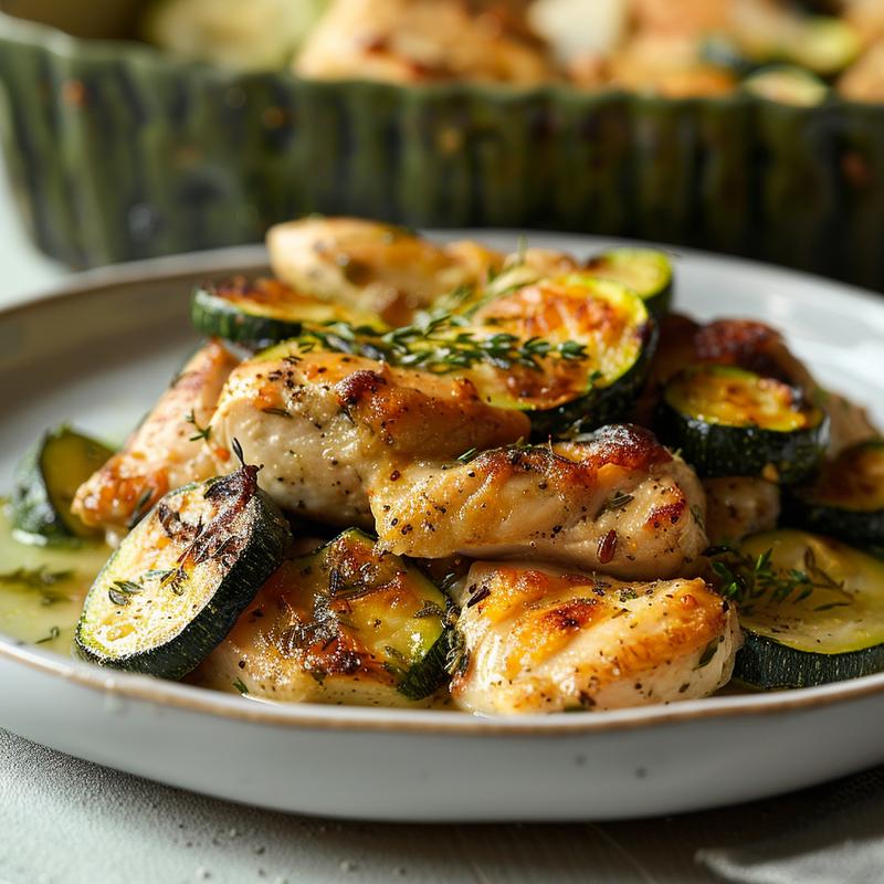 A close-up view of a portion of chicken zucchini bake on a light grey ceramic plate.