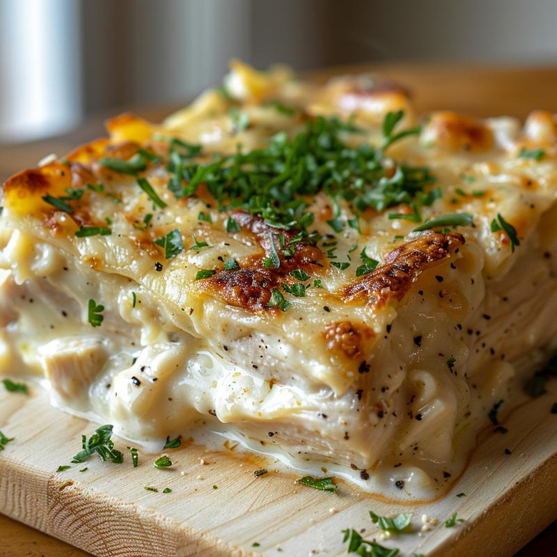 Close-up view of creamy keto chicken alfredo casserole on a wooden board.