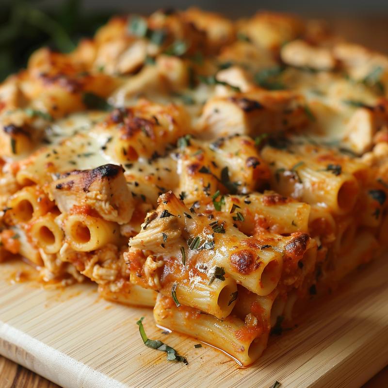 Close-up of a serving of healthy chicken baked ziti on a wooden board.