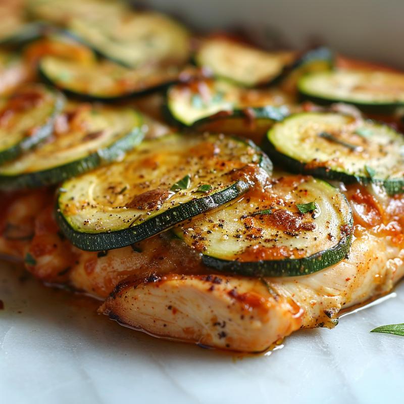 A close-up shot of a savory chicken zucchini bake with golden-brown chicken and vibrant green zucchini on a white marble surface.