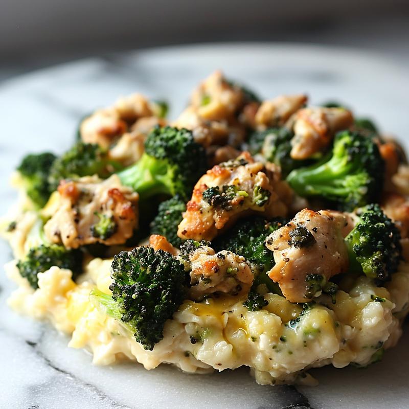 Close-up of a creamy chicken broccoli casserole on a white marble surface.