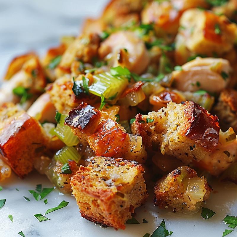 Close-up of a delicious chicken and stuffing casserole on a white marble surface.