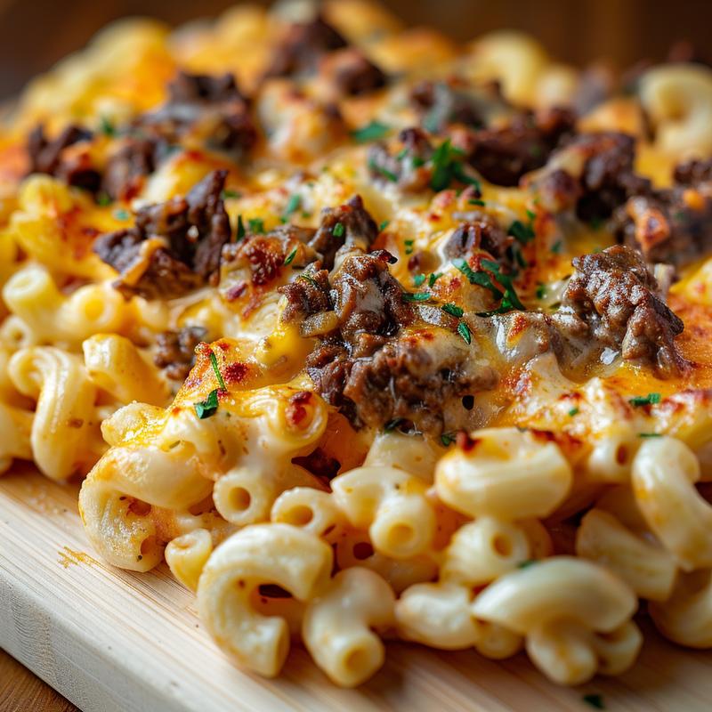 Close-up of a cheesy beef and macaroni casserole served on a light wooden board.