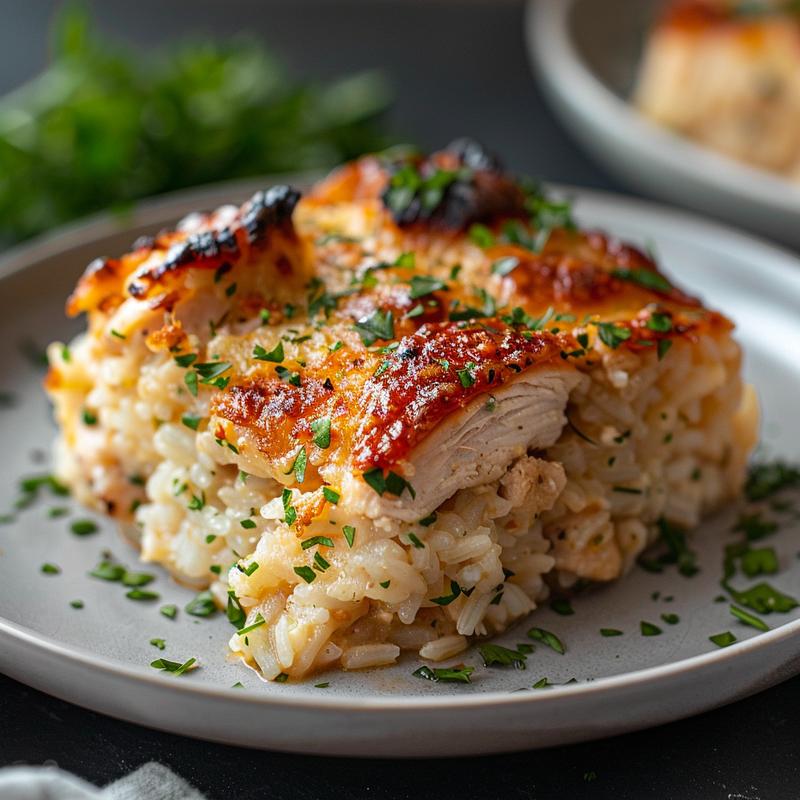 Close-up view of a serving of Ritz chicken and rice casserole on a grey plate.