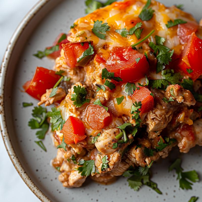 Close-up of a serving of Mexican Keto Chicken Casserole on a grey ceramic plate.