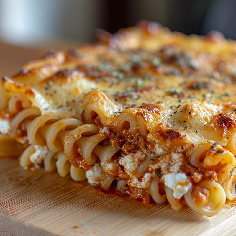 Close-up of creamy cottage cheese pasta bake on a wooden board.