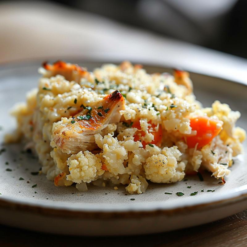 Close-up of a portion of chicken cauliflower rice casserole on a light grey ceramic plate.